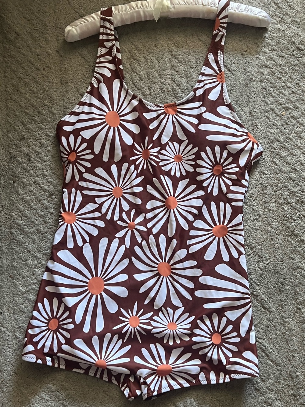 Women’s Brown Floral One-Piece Swimsuit with Orange Accents